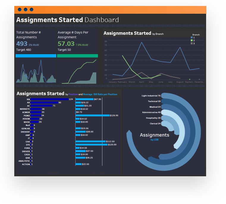 Software screenshot displaying an 'assignments started' dashboard